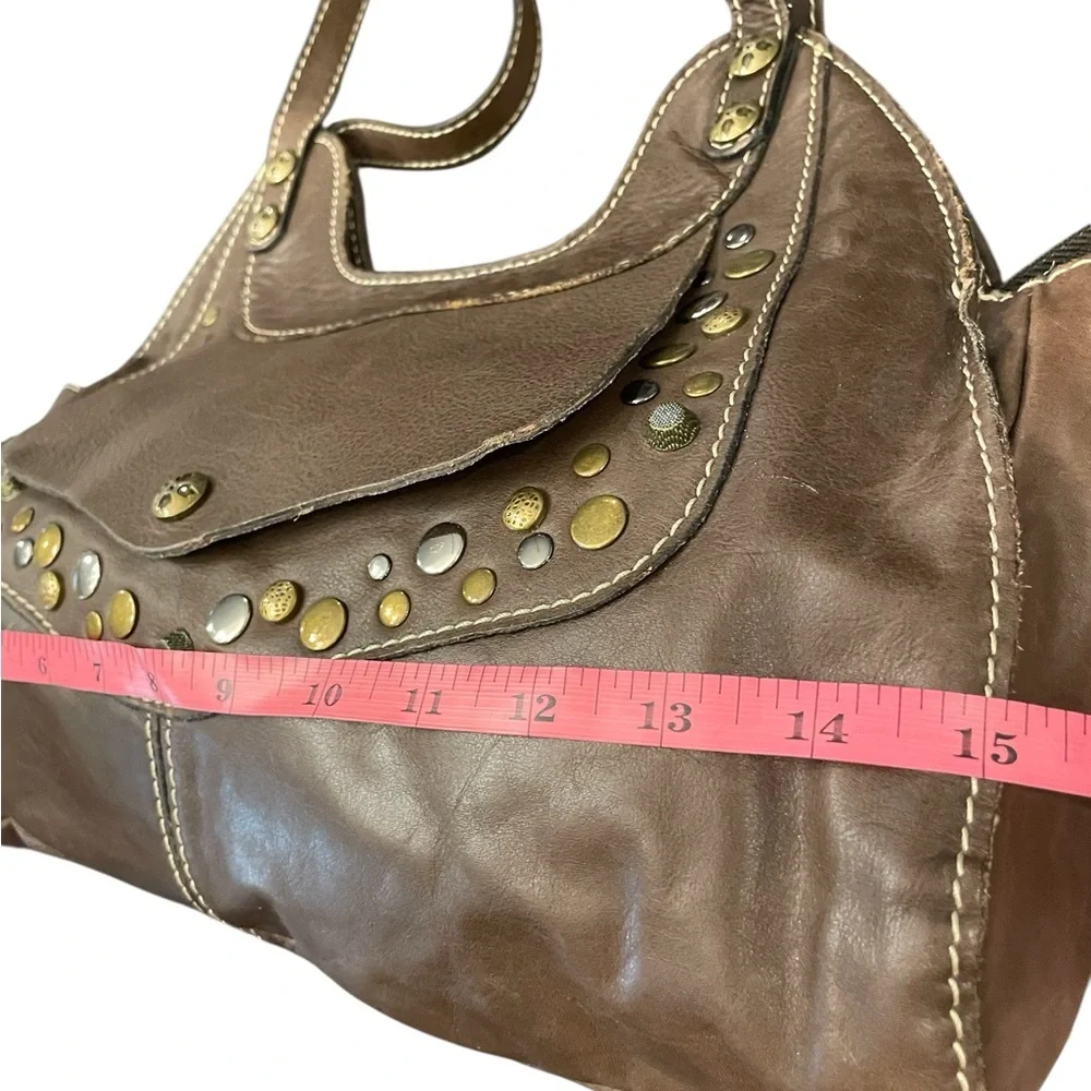 Patricia Nash‎ Brown Leather Purse Hobo Boho Metal Studs Double Handle Casual